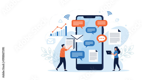 Multimedia communication concept depicts users managing diverse data types like charts and documents through a large mobile interface.