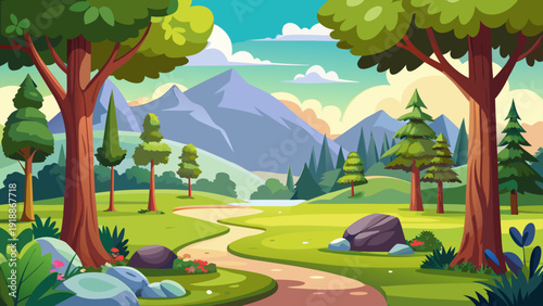 Cartoon vector illustration of a forest park with open meadow tall trees and wide natural environment flat style