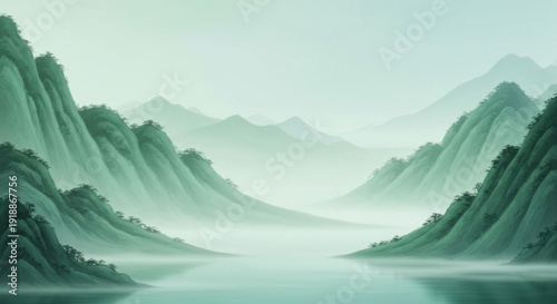 Misty mountain vista with lake, light green hues