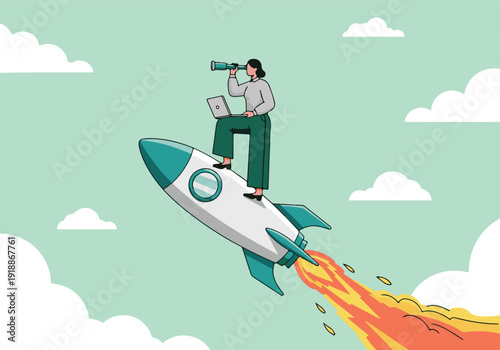 Businesswoman on a rocket exploring future with laptop and telescope