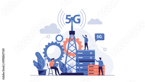 Digital infrastructure concept shows technicians managing high speed 5g network towers and data center server equipment for connectivity.