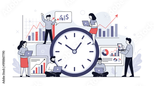 Time management in business is illustrated by professionals working on laptops around a giant clock face with financial data charts.