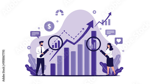 Professional analysts use magnifying glasses to examine rising financial bar charts and identify market growth opportunities in purple.
