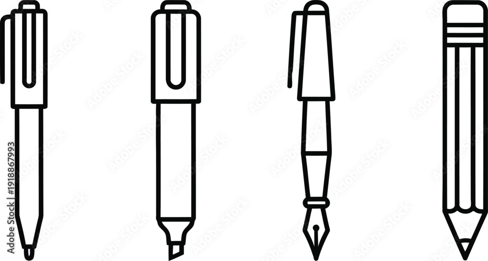 Fototapeta premium Writing instruments pen and pencil collection line art icon set 