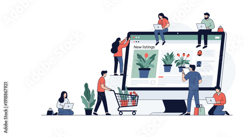 Online plant nursery concept shows customers using a large digital interface to browse and purchase botanical products for home.