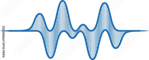 A blue waveform graphic on a white background, representing sound or signal patterns
