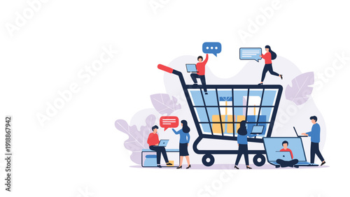 E-commerce logistics concept shows a team managing a massive shopping cart filled with diverse consumer goods and packages for delivery.