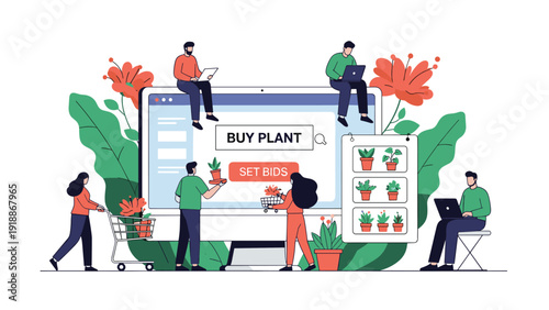 Enthusiastic gardeners and customers purchasing houseplants through an online bidding platform on a large computer monitor.
