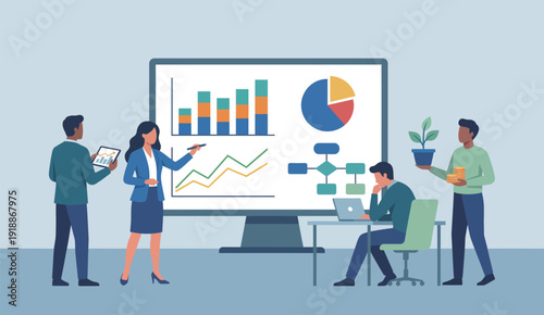 This image showcases a team collaborating around a desk while analyzing data on screens featuring charts, highlighting teamwork, productivity, and project management.