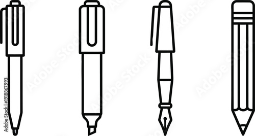 Writing instruments pen and pencil collection line art icon set
