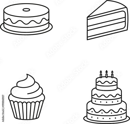 A set of various cake types including layered cake, bundt cake, cupcake, and more in minimalist outline vector style, ideal for bakery branding and dessert menus
