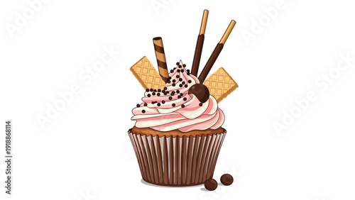 Delicious chocolate cupcake topped with swirl pink frosting, crunchy wafers, chocolate sticks, and sprinkles against a white background.
