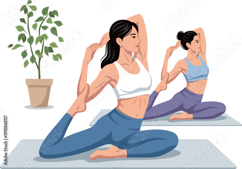 This image showcases two women performing yoga poses, emphasizing flexibility and strength in a serene environment. The presence of a plant adds to the calming aesthetic.