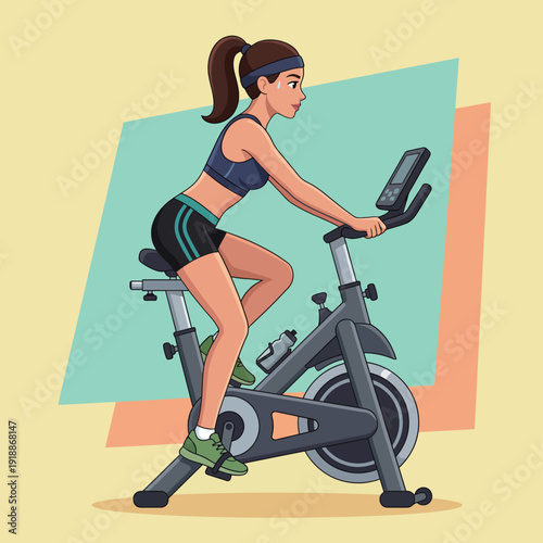This image captures a woman exercising on a stationary bike, illustrating indoor cycling as an effective way to maintain fitness, endurance, and a healthy lifestyle.