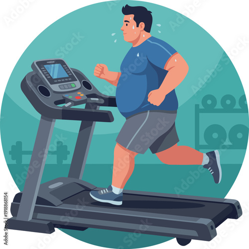 A focused individual jogs on a treadmill, perspiring and making every effort in a modern gym environment adorned with weights and fitness equipment for a health-conscious lifestyle.