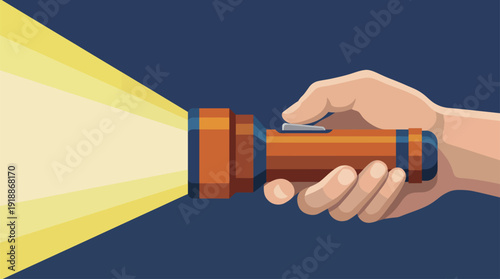 A hand grips a bright flashlight, indicating readiness and exploration, shedding light in dark spaces, symbolizing safety and guidance in adventurous situations.