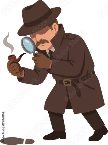 A classic detective equipped with a trench coat examines a clue while holding a magnifying glass and pipe, evoking intrigue, mystery, and the art of sleuthing.