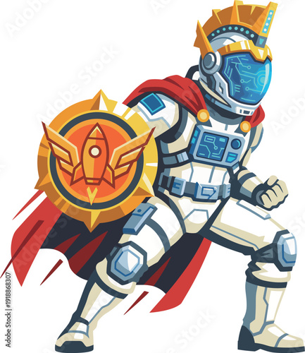 A heroic astronaut character donning armor, a vibrant cape, and a shield represents bravery and adventure, soaring through the cosmos in a dynamic and artistic style.