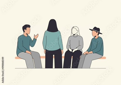 People in a group discussion, communication, meeting, or therapy session