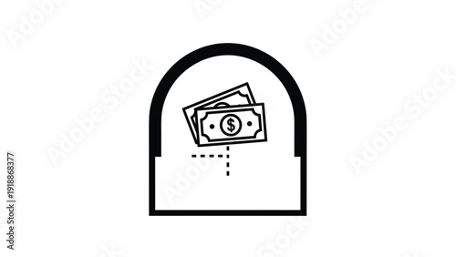 Minimalist line art icon of dollar bills enclosed within a semi-circular dome shape symbolizing financial security or savings.