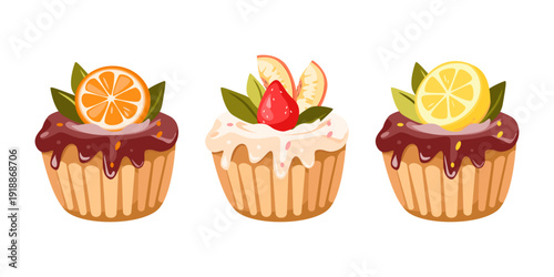 Vector set of cupcakes with citrus slices and strawberries, chocolate, isolated on white background. Decorative sweet dessert for party invitations, children's birthday, cafe menu.