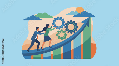 A captivating illustration showcasing a team working together on gears and an ascending graph, highlighting collaboration as a means to drive growth and progress.