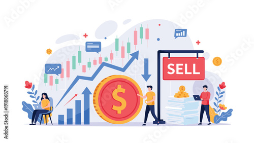 Financial traders and investors monitoring stock market performance and selling assets with a giant sell sign and data charts.