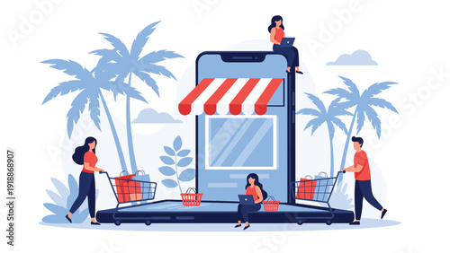 Mobile commerce and online shopping concept with people characters buying goods via a giant smartphone screen on a beach.