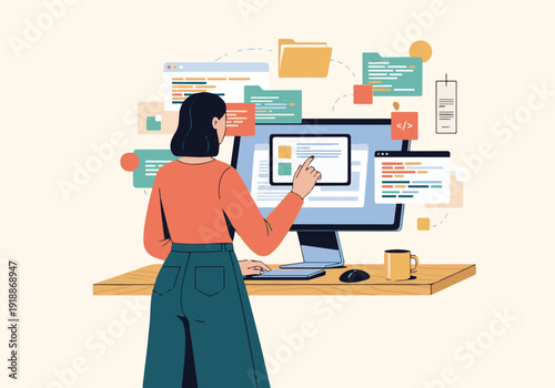 Software developer woman working on multiple digital screens and coding