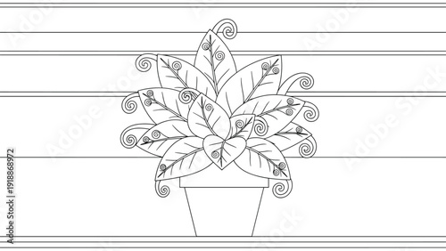 Black and white line art illustration of a decorative potted plant with swirly leaves for coloring book activity.