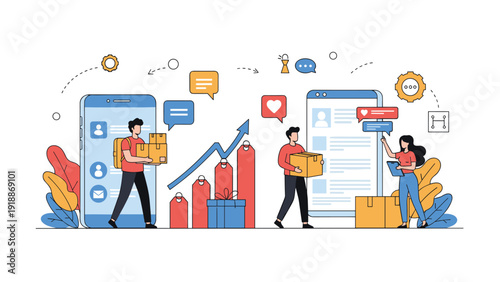 Global logistics and express delivery service concept with people characters moving boxes and tracking shipments.