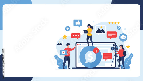 Video marketing and social media content strategy concept with people characters creating and sharing digital media.