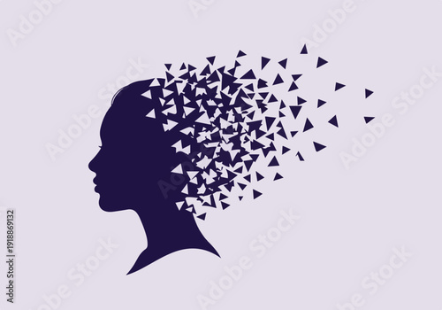 Abstract silhouette of woman's head dissolving into triangles, mental health