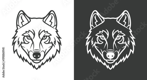 A detailed and expressive outline illustration of a wolf's head, featuring intricate facial details and fur texture, presented in clean black lines on white and crisp white lines on a dark gray backgr