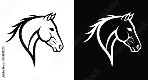 A pair of elegant, minimalist horse head profiles, presented in stark black on a white background and white on a black background, capturing the grace and power of equestrian beauty.
