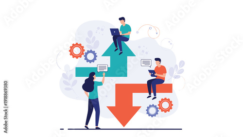 Business strategy and success concept with people characters moving along giant arrows and generating ideas.