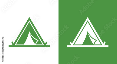 A simple, stylized A-frame tent icon, displayed in green on a white background and white on a green background, symbolizing camping, adventure, and the great outdoors.