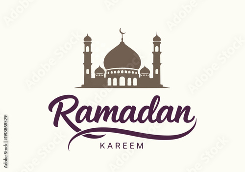 Ramadan Kareem greeting with mosque silhouette and Islamic pattern background