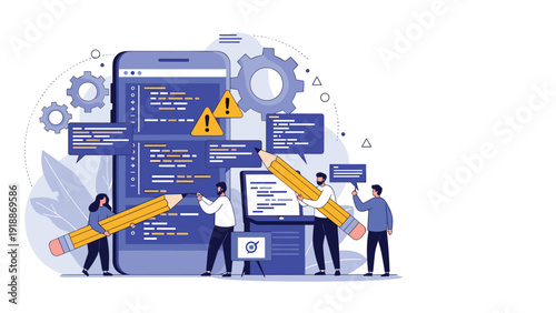 Professional developers collaborate on mobile application development project using coding tools and creative design elements.