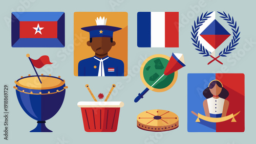 Vibrant Flat Design Vector Icons of Flags, Musical Drums, Official Uniforms, and Cultural Emblems