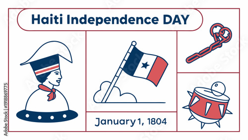 January 1, 1804Haiti Independence Day Vector Illustration: January 1, 1804 Celebration with National Flag, Revolutionary Figure, and Cultural Symbols in Flat Line Art Style