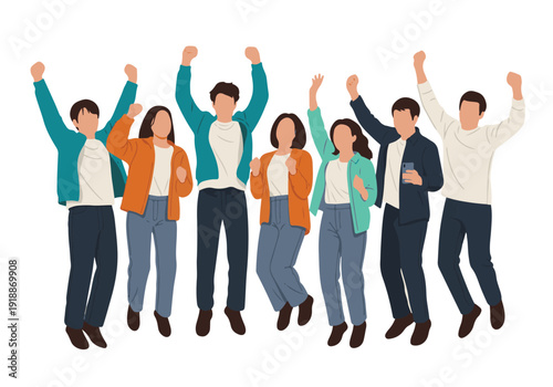 Diverse young people celebrating success with raised fists, flat illustration