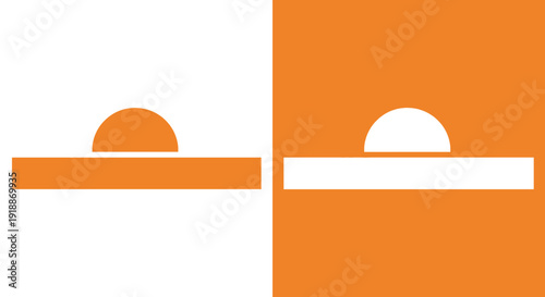 A minimalist abstract icon representing a sunrise or sunset, with a half-circle rising above a horizontal line, depicted in orange on white and white on orange backgrounds, evoking warmth and new begi