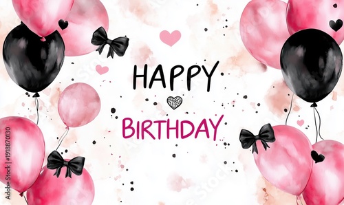 Watercolor Happy Birthday Card with Pink and Black Balloons, Hearts and Bows on White Background