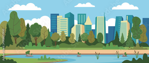 A vibrant park scene showcasing a blend of modern skyscrapers and natural greenery, emphasizing the harmony between urban life and nature's beauty.