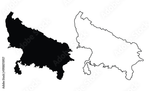 Professional Uttar Pradesh state map collection featuring solid black silhouette and clean outline vector design elements