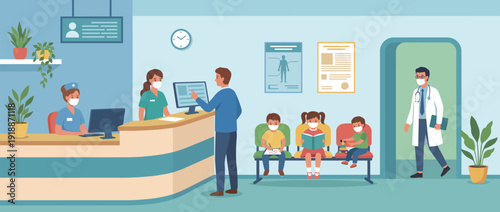This colorful image illustrates a busy clinic reception, with children waiting to see health professionals while caregivers interact, conveying a sense of hope and care.