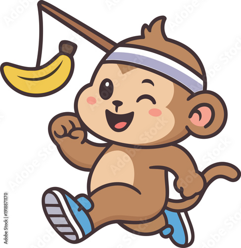 This adorable cartoon monkey is joyfully running after a banana, showcasing a fun and playful theme that embodies energy, happiness, and a carefree spirit for kids.