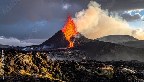 Volcanic eruption with lava and smoke in dramatic landscape