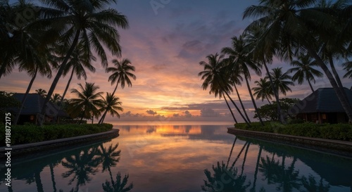 Tropical sunset reflection over water